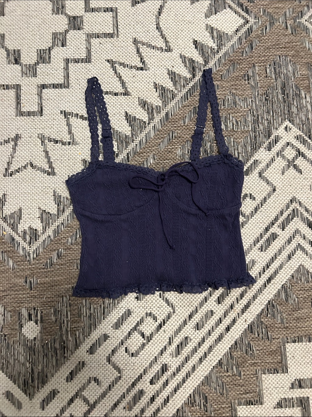 Edikted Navy Lace-Trim Cropped Cami with Front Tie